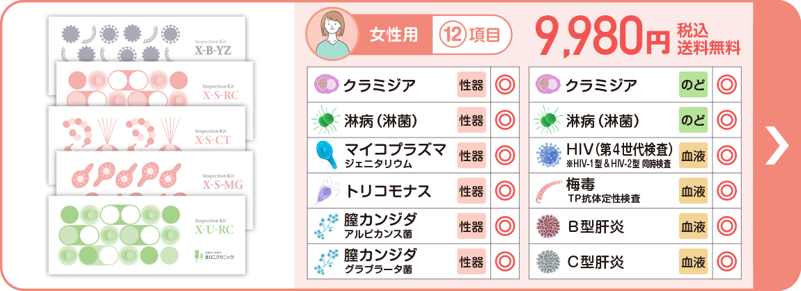 女性:１２項目 [膣分泌検査][うがい検査][微量採血検査]