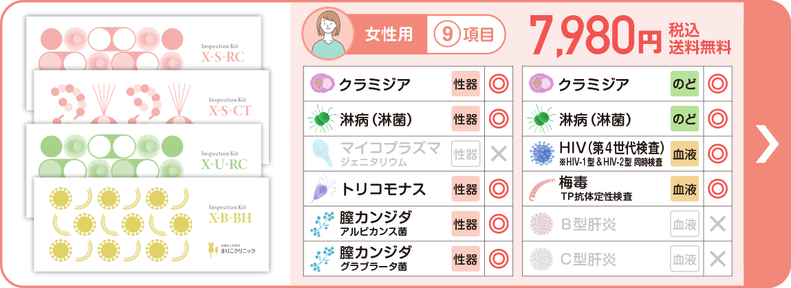 女性:9項目 [微量採血検査] [うがい検査] [膣分泌検査]