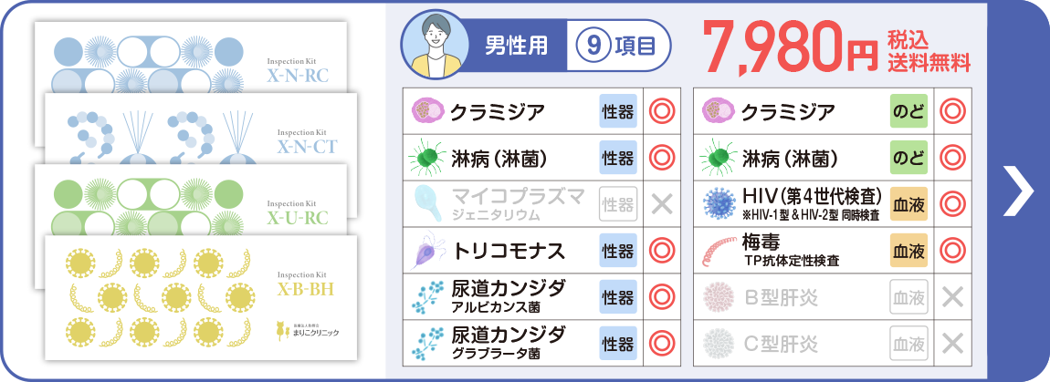 男性:9項目 [微量採血検査] [うがい検査] [尿検査]